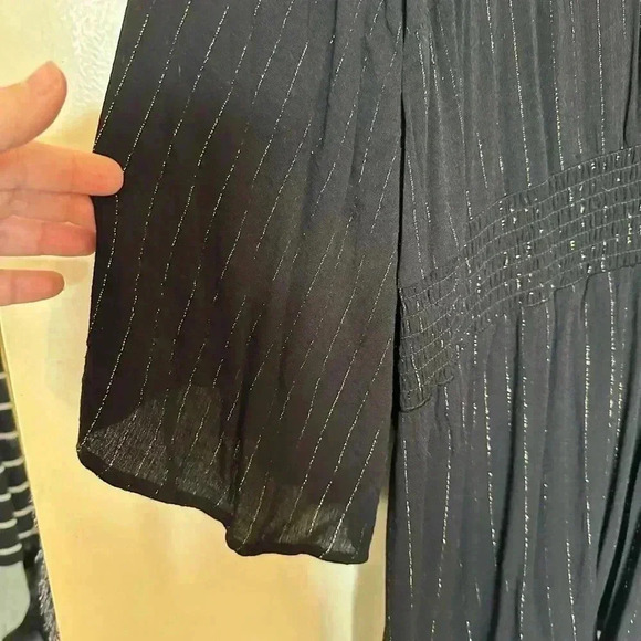 Never Worn Black Torrid Cinch Waist Top with Flutter Sleeves and Gold Stripes - Picture 3 of 7